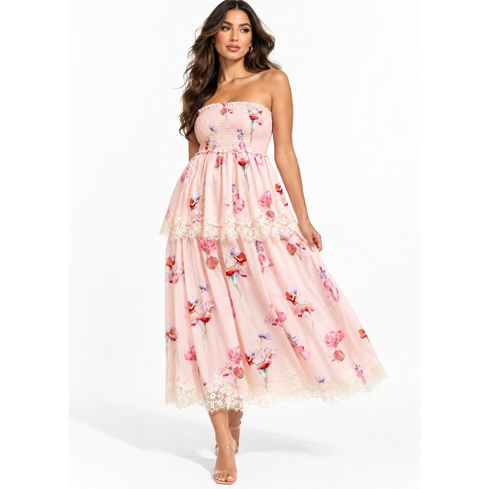 HM Pink Floral Smocked Strapless Lace Trim Tiered Midi Dress Small NWT